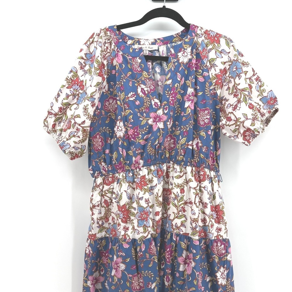 Harlow & Rose Floral Tiered Midi Dress Womens Large Blue Pink Mixed Print Boho